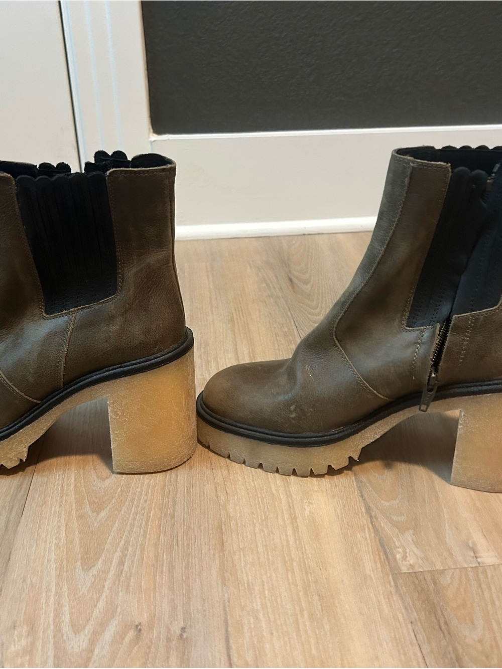 Free People Olive Green Lug-Sole Chelsea Block Heel Booties - Picture 2 of 5